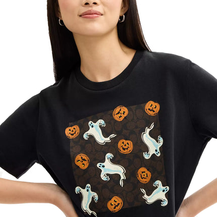Coach Women's Pumpkin And Ghost Signature Classic T-Shirt Black