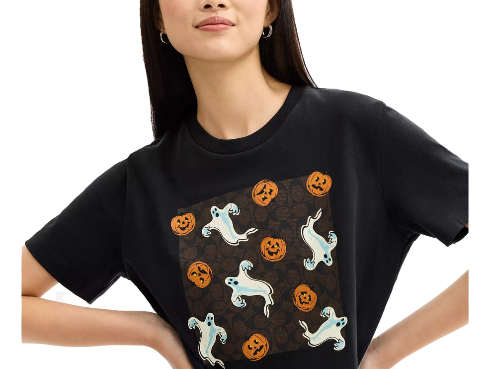 Coach Women's Pumpkin And Ghost Signature Classic T-Shirt Black