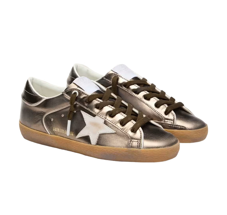 Golden Goose Women's Super-Star Star LTD in Olive-Green Laminated Leather with White Star