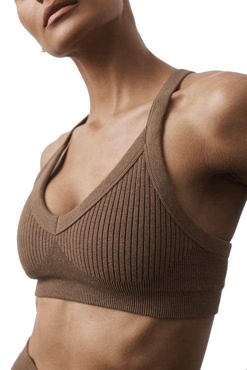 alo Women's Seamless Two Tone Rib Bra Java Brown
