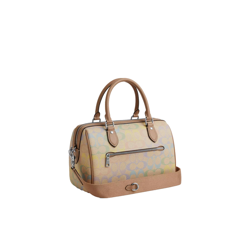 Coach Women's Rowan Satchel Bag In Rainbow Signature Canvas Silver/Sand Multi