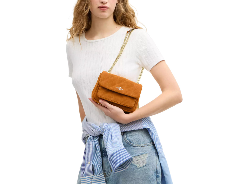 Coach Women's Elodie Crossbody Bag 18 With Quilting  Suede/Gold/Marigold