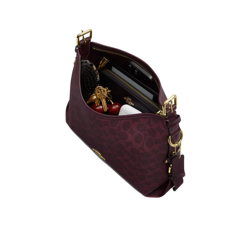 Coach Women's Laurel Shoulder Bag With Buckles In Signature Canvas Gold/Black Currant