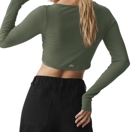alo Women's Ribbed Cropped Whisper Cardigan Bamboo Green