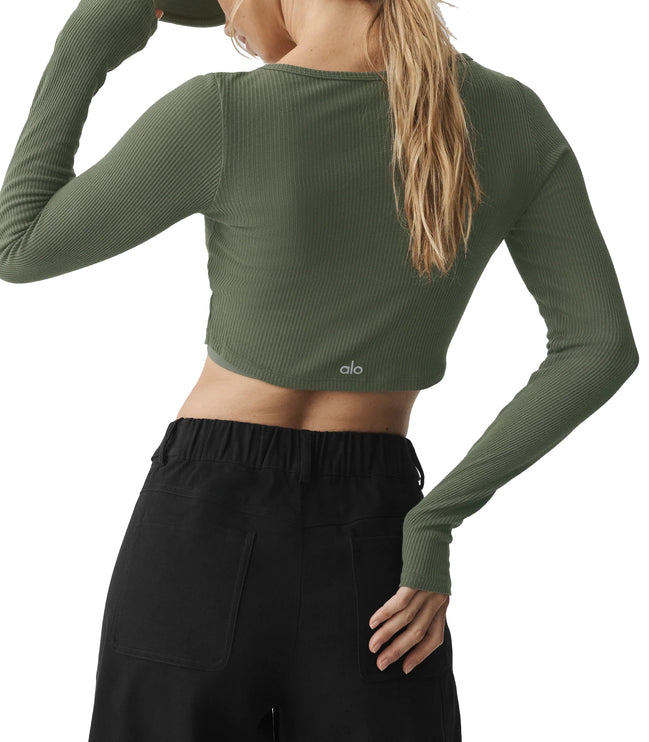 alo Women's Ribbed Cropped Whisper Cardigan Bamboo Green