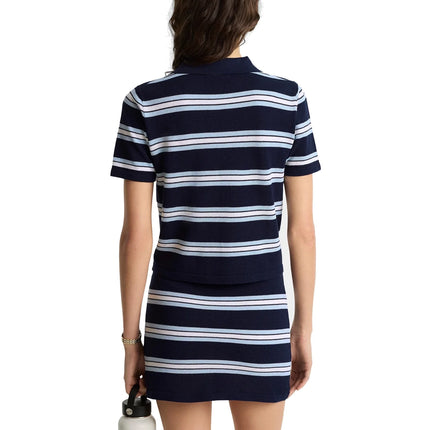 Sporty & Rich Women's Serif Logo Silk Pique Cropped Polo Navy/White/Flax Blue