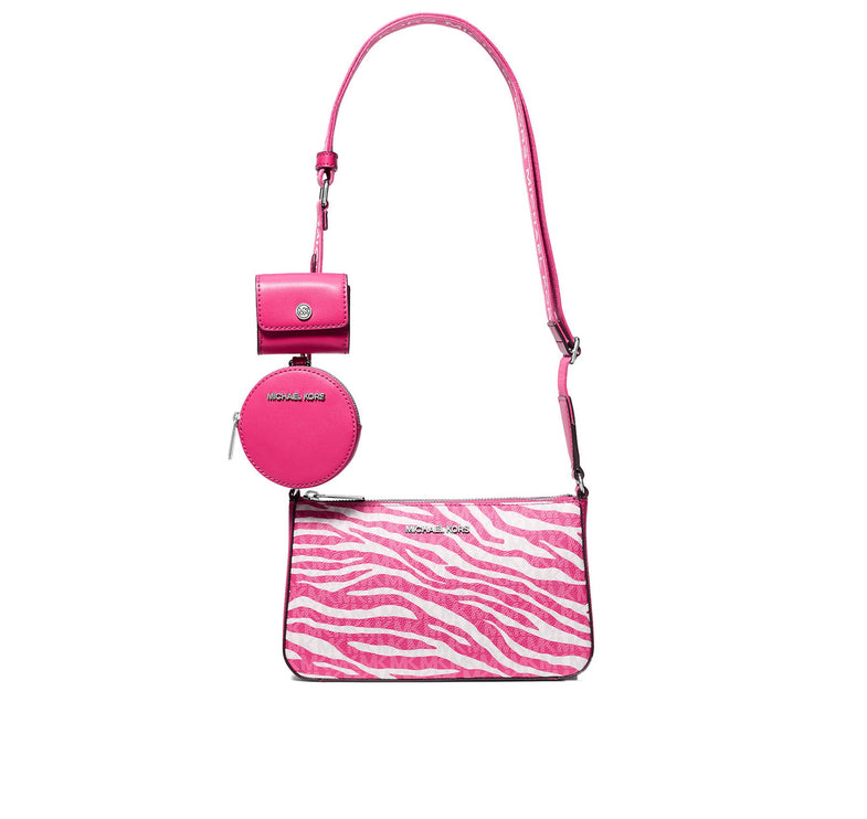 Michael Kors Women's Jet Set Leather Medium Animal Print Logo Crossbody Bag with Case for Apple Airpods Pro® Dragonfruit