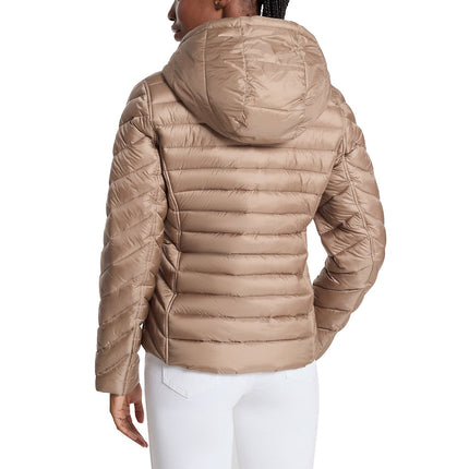 Michael Kors Women's Chevron Logo Print Quilted Nylon Reversible Jacket Taupe/Bone Logo