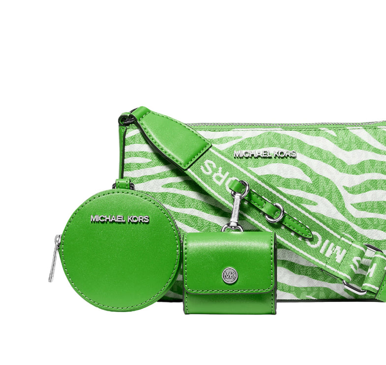 Michael Kors Women's Jet Set Leather Medium Animal Print Logo Crossbody Bag with Case for Apple Airpods Pro® Jungle