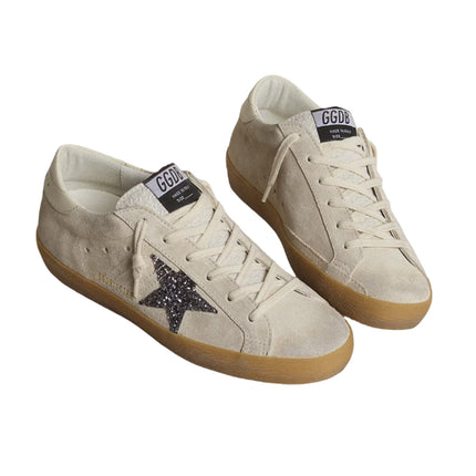 Golden Goose Women's Super Star in Ice Gray Suede with Silver Glitter Star and Leather Heel Tab