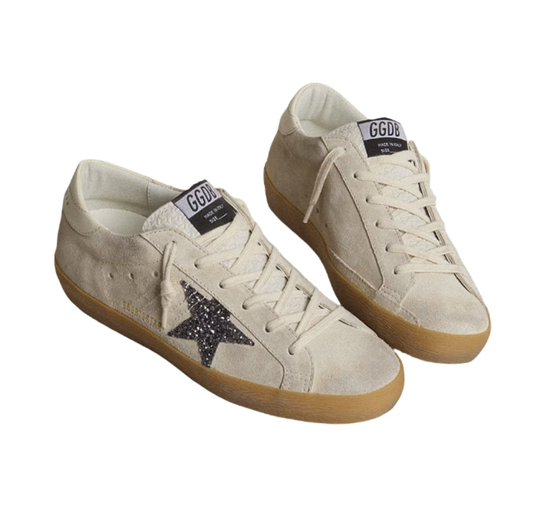 Golden Goose Women's Super Star in Ice Gray Suede with Silver Glitter Star and Leather Heel Tab
