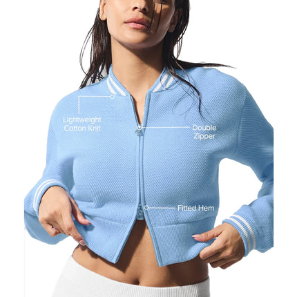 alo Women's Tennis Club Sweater Knit Full Zip Jacket Seashell Blue/White