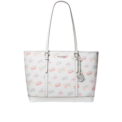Michael Kors Women's Jet Set Large Printed Signature Logo Tote Bag Optic White