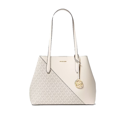 Michael Kors Women's Avalon Medium Smooth and Signature Logo Tote Bag Light Cream Multi