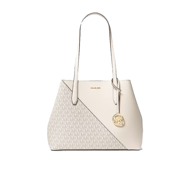 Michael Kors Women's Avalon Medium Smooth and Signature Logo Tote Bag Light Cream Multi