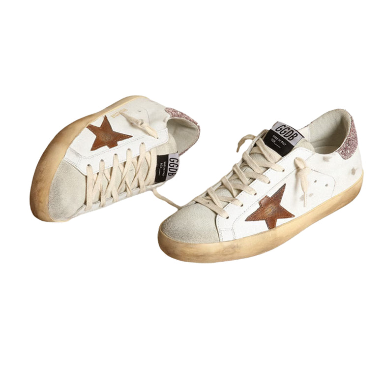 Golden Goose Women's Super Star with a Tan Star and Pink Glitter Heel Tab