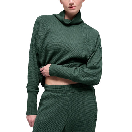 alo Women's Waffle Weekend Escape Mock Neck Long Sleeve Clover Green