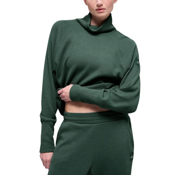 alo Women's Waffle Weekend Escape Mock Neck Long Sleeve Clover Green