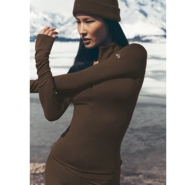 alo Women's Airlift Winter Warm 1/4 Zip Long Sleeve Espresso