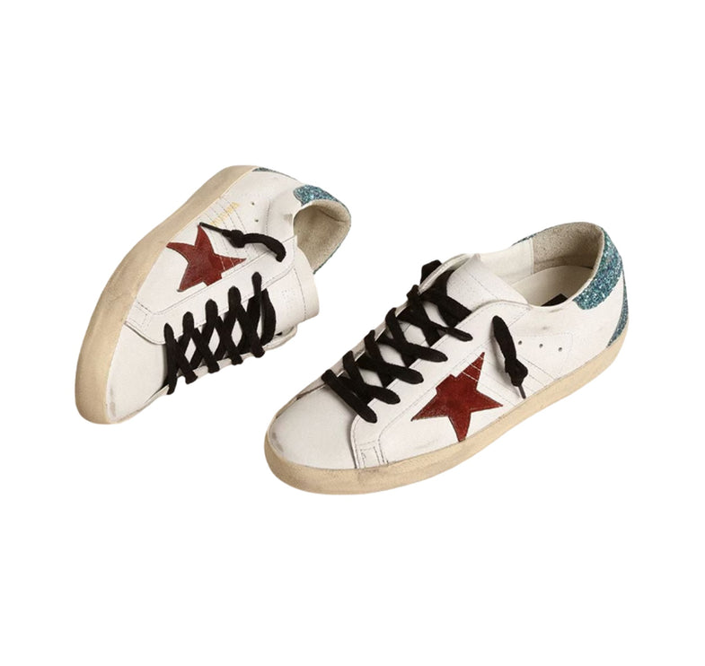 Golden Goose Women's Super Star Sneakers with Burgundy Suede Star and Light Blue