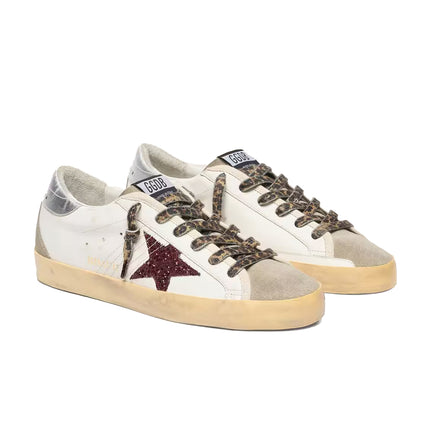 Golden Goose Women's Super Star with Burgundy Glitter Star and Silver Heel Tab