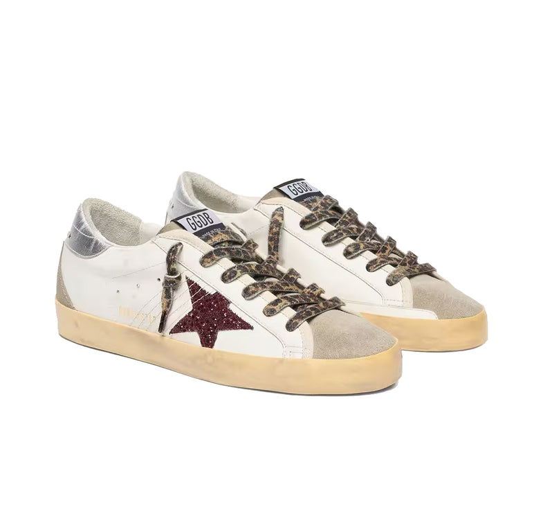 Golden Goose Women's Super Star with Burgundy Glitter Star and Silver Heel Tab