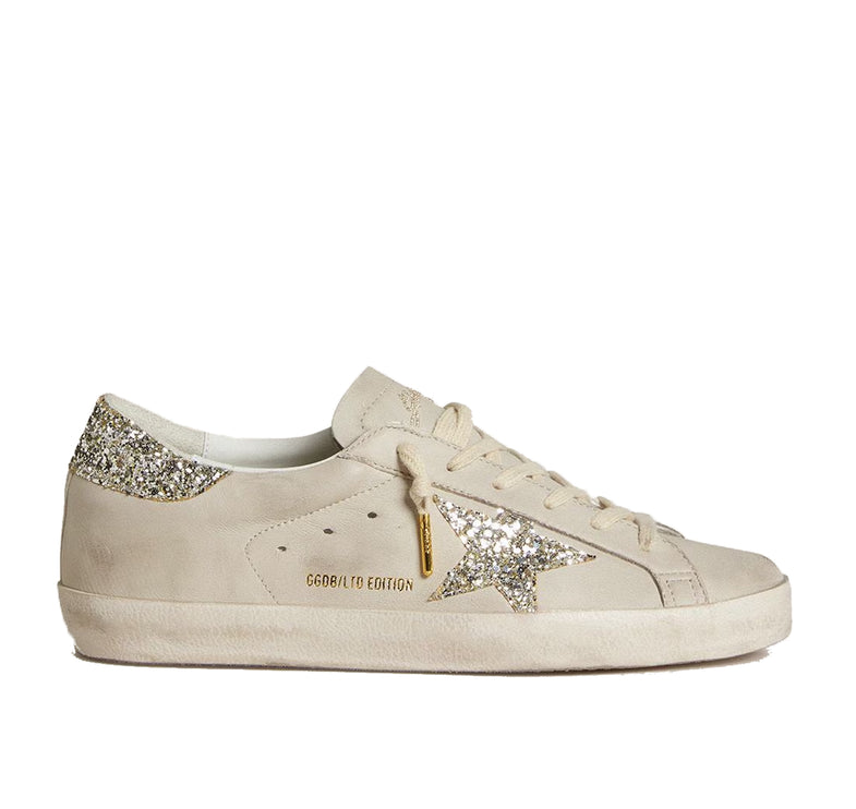 Golden Goose Women's Super Star in Ivory Nappa Leather with Platinum Glitter Star and Heel Tab