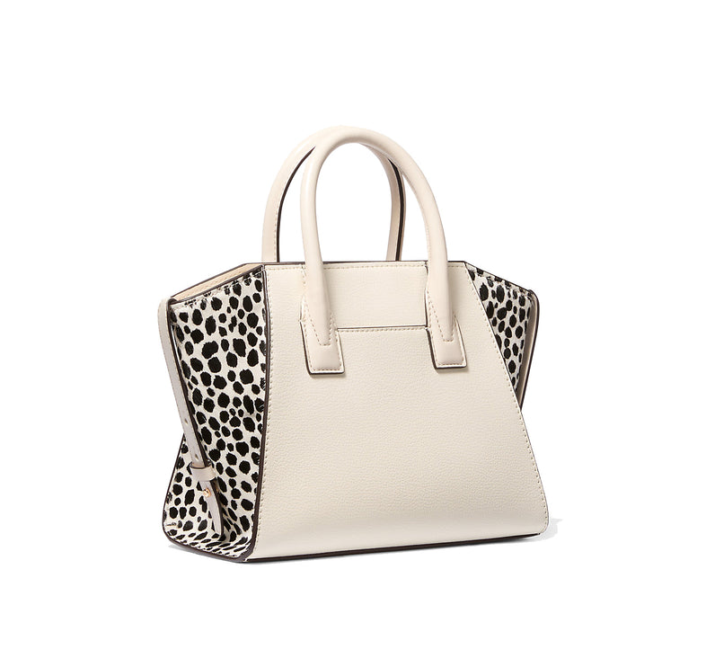 Michael Kors Women's Avril Small Leather and Cheetah Print Calf Hair Satchel Light Cream Multi