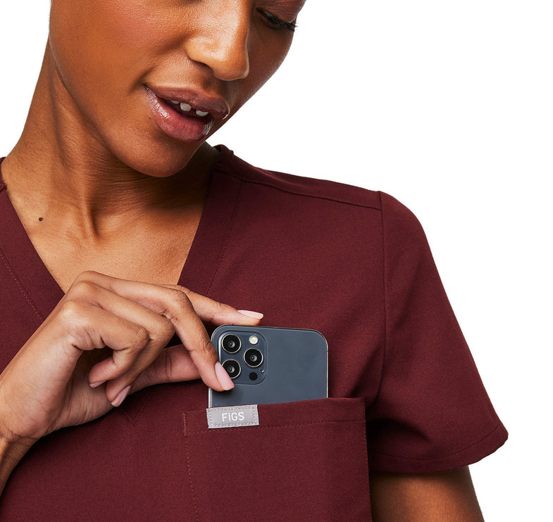 FIGS Women's Catarina One Pocket Scrub Top Burgundy