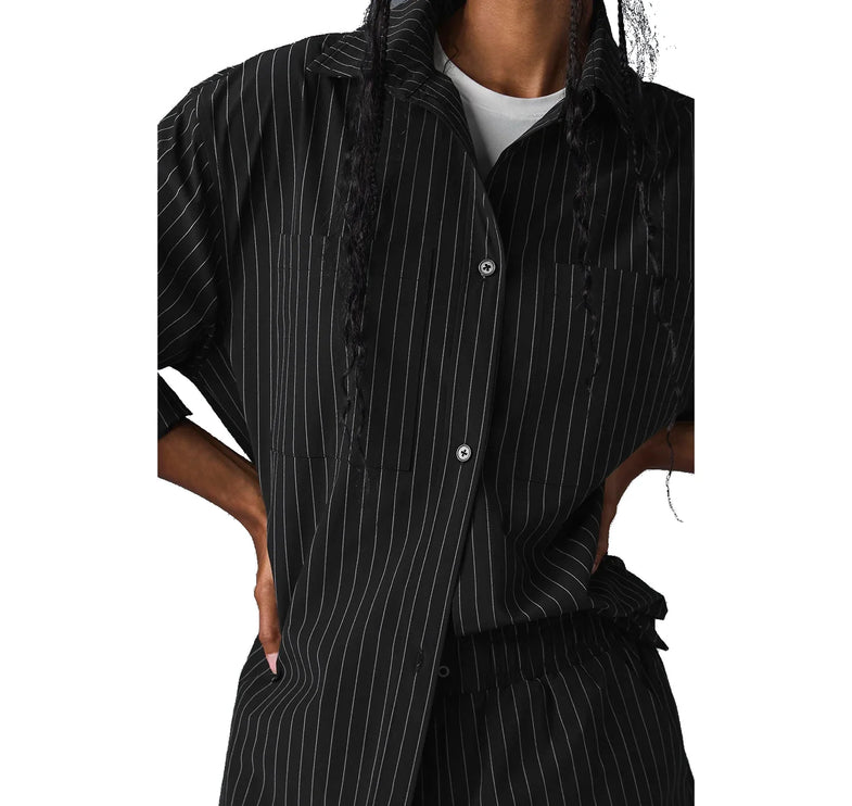 alo Women's Pinstripe Daylight Button Down Long Sleeve Black/Titanium