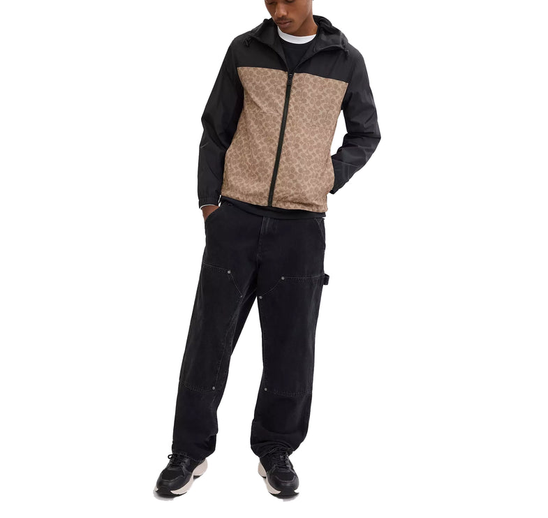 Coach Men's Signature Full Zip Windbreaker In Recycled Polyester Tan Signature