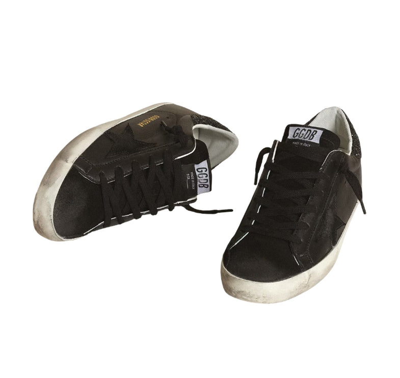 Golden Goose Women's Super Star Sneakers Black Nappa with Black Star and Glitter
