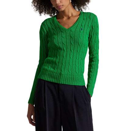 Polo Ralph Lauren Women's Cable-Knit Cotton V-Neck Sweater Green