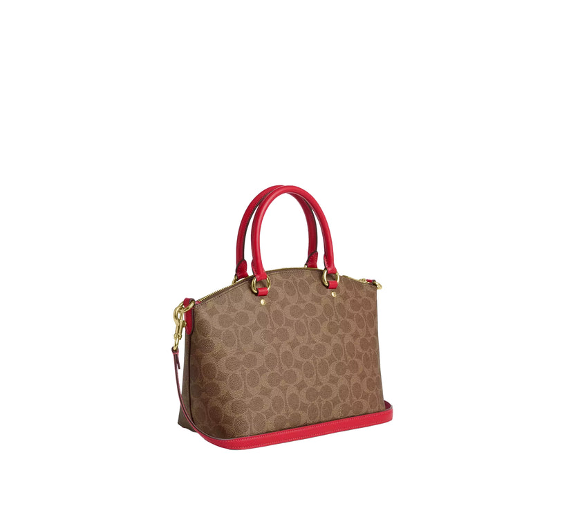 Coach Women's Sadie Satchel Bag In Signature Canvas Gold/Tan/Carnation