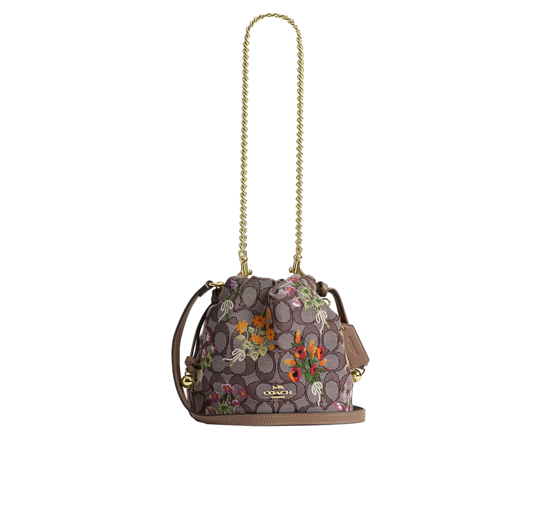 Coach Women's Faye Mini Drawstring Bag In Signature Jacquard With Floral Embroidery Gold/Oak Multi