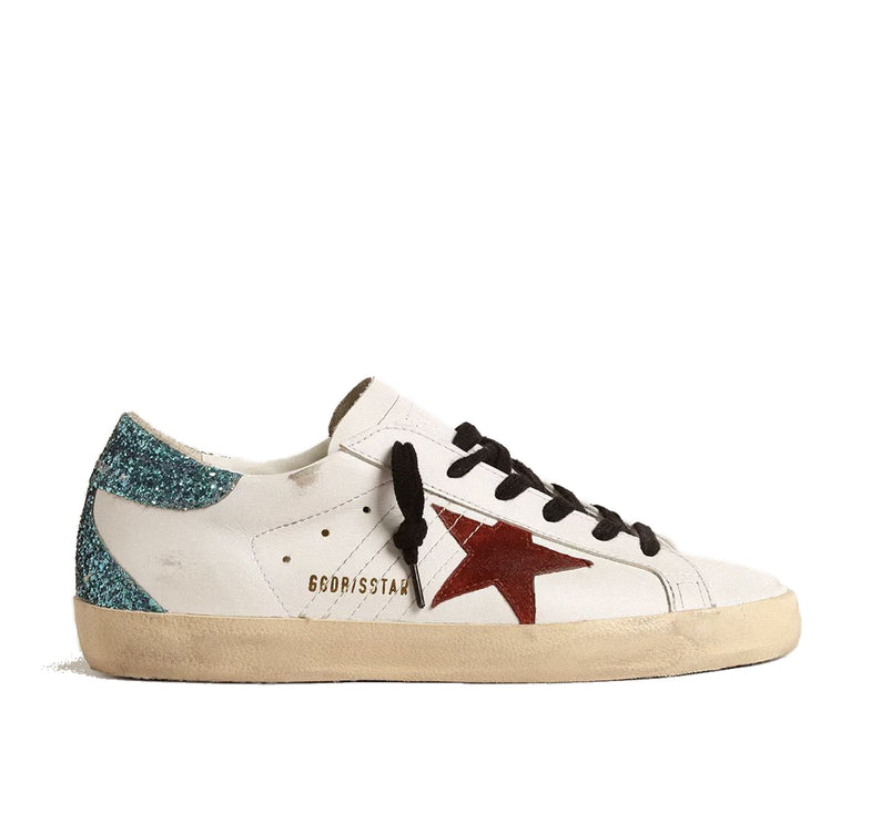 Golden Goose Women's Super Star Sneakers with Burgundy Suede Star and Light Blue
