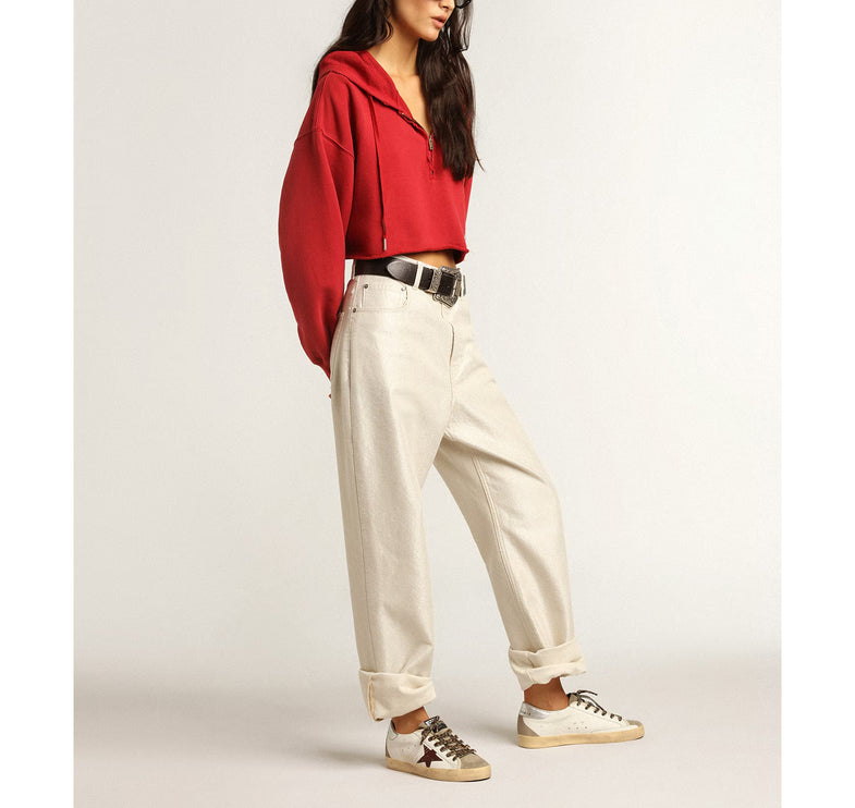 Golden Goose Women's Super Star with Burgundy Glitter Star and Silver Heel Tab