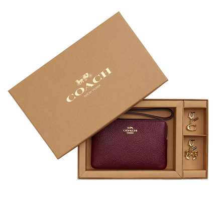 Coach Women's Boxed Corner Zip Wristlet With Charms Gold/Dark Cherry