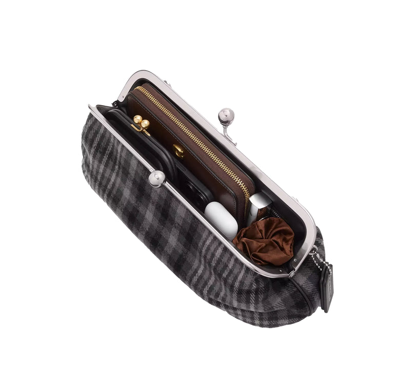 Coach Women's Kisslock Frame Bag 30 With Plaid Light Antique Gold/Grey Multi