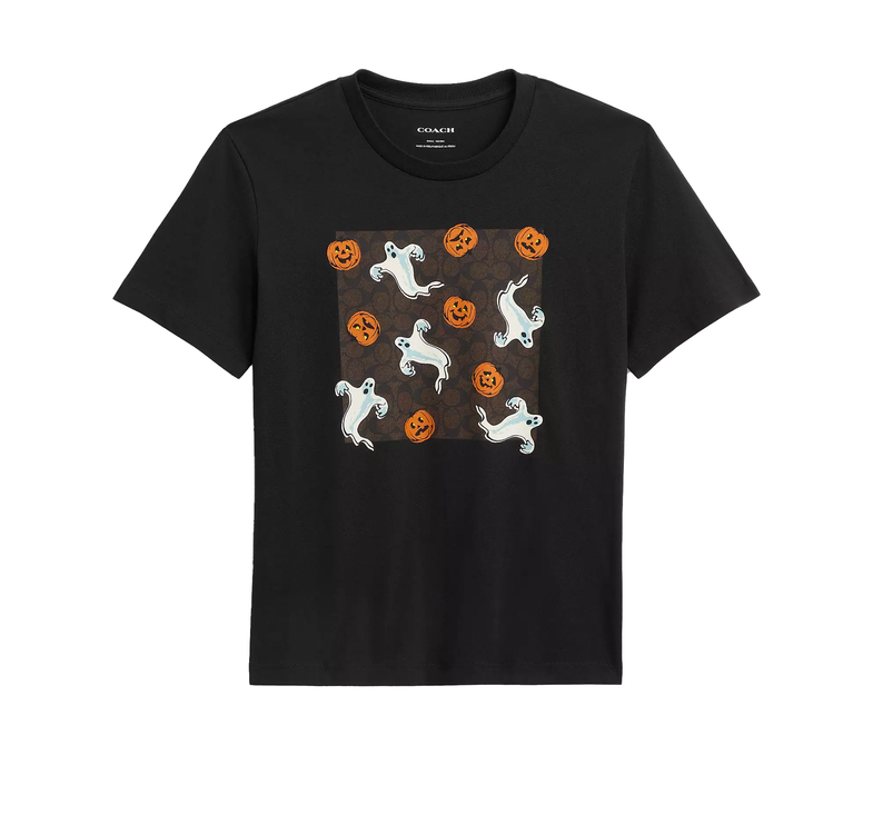 Coach Women's Pumpkin And Ghost Signature Classic T-Shirt Black