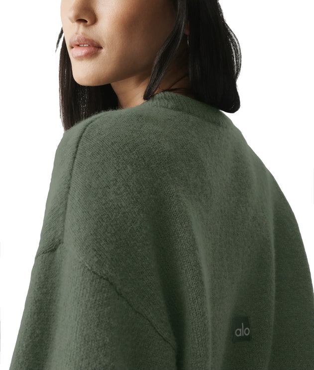 alo Women's Wool Cashmere Cropped New Class Crewneck Sweater Bamboo Green