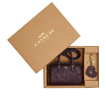 Coach Women's Boxed Mini Rowan Crossbody Bag And Mirror Bag Charm Set In Signature Leather Gold/Black Currant