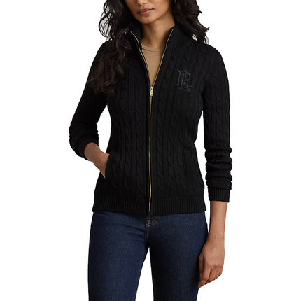 Polo Ralph Lauren Women's Cable-Knit Full-Zip Mockneck Sweater Black