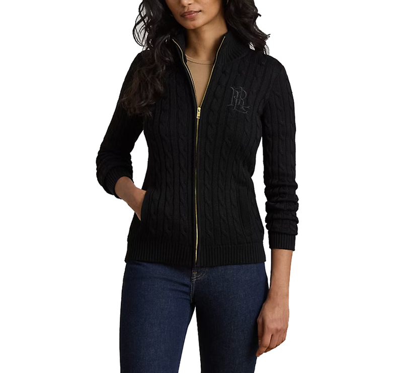 Polo Ralph Lauren Women's Cable-Knit Full-Zip Mockneck Sweater Black