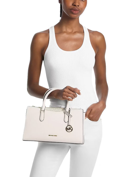 Michael Kors Women's Arden Medium Leather Top-Zip Satchel Bag Light Cream
