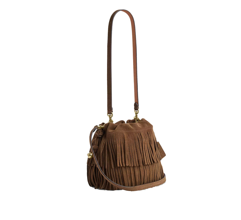 Coach Women's Faye Mini Drawstring Bag With Fringe Suede/Gold/Cedar