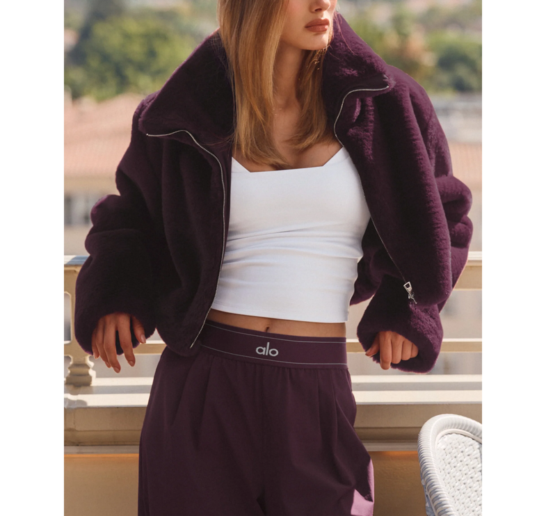 alo Women's Faux Fur Cropped Amore Jacket Rich Bordeaux