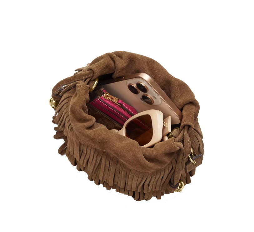 Coach Women's Faye Mini Drawstring Bag With Fringe Suede/Gold/Cedar