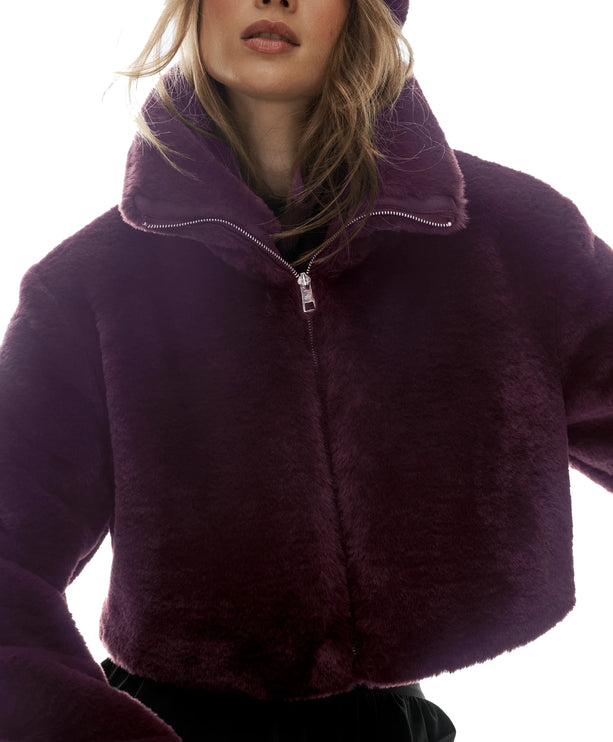 alo Women's Faux Fur Cropped Amore Jacket Rich Bordeaux
