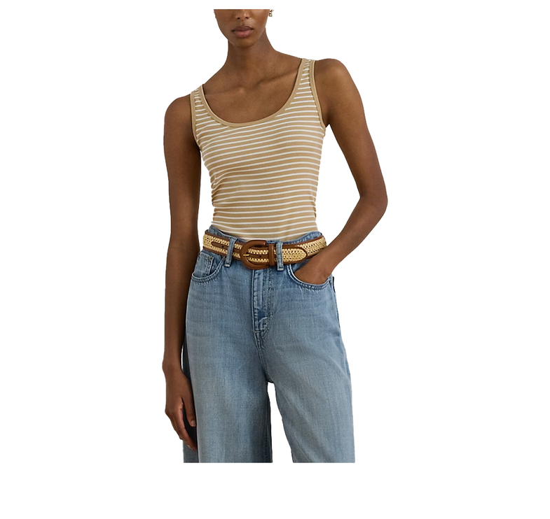 Polo Ralph Lauren Women's Striped Stretch Cotton Tank Top Birch Tan/White